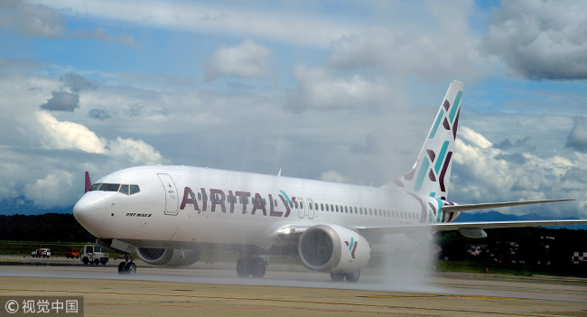 A view of the Boeing 737 Max plane of Air Italy during the unveiling of Air Italy's Boeing 737 Max at Malpensa airport on May 14, 2018 in Varese, Italy.[File Photo: VCG]
