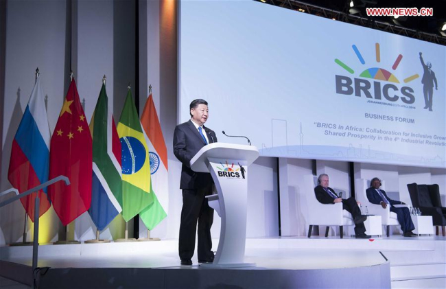 Chinese President Xi Jinping delivers a speech titled "Keeping Abreast of the Trend of the Times to Achieve Common Development" at the BRICS Business Forum in Johannesburg, South Africa, July 25, 2018. [Photo: Xinhua]