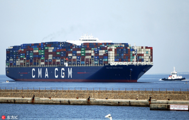 The CMA CGM Group container ship Marco Polo docks in Marseille on June 29, 2018. [File Photo: IC]
