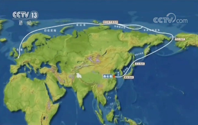 A map shows the sailing route of Tain'en beginning in China through the Arctic to Europe. [Screenshot: CCTV.com]