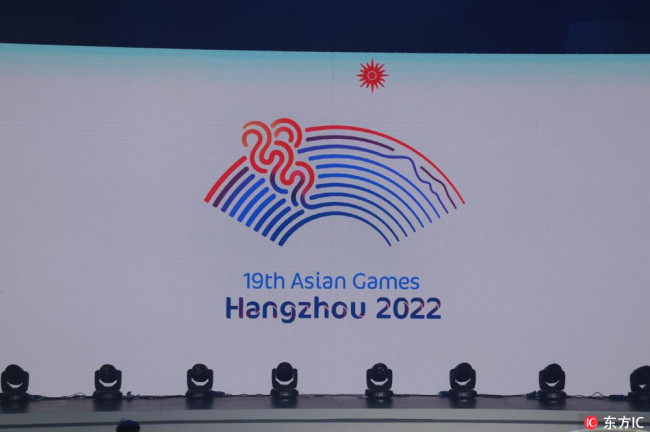 The emblem for the Olympic Council of the 19th Asian Games Hangzhou 2022 is launched at the headquarters of the Hangzhou Culture Radio Television Group in Hangzhou city, east China's Zhejiang province, 6 August 2018. [Photo: IC]