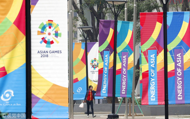 Final preparations are under way on Aug. 8, 2018, at the athletes' village in Jakarta for the Asian Games 2018, which will be held from Aug. 18 through Sept. 2 in Palembang and the Indonesian capital. [File photo: Kyodo News via Getty Images]