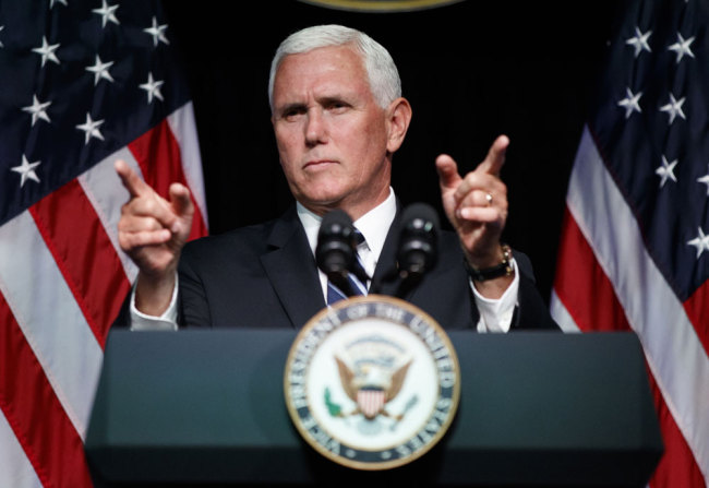 U.S. Vice President Mike Pence gestures during an event on the creation of a U.S. Space Force, Thursday, Aug. 9, 2018, at the Pentagon. [Photo: AP/Evan Vucci]