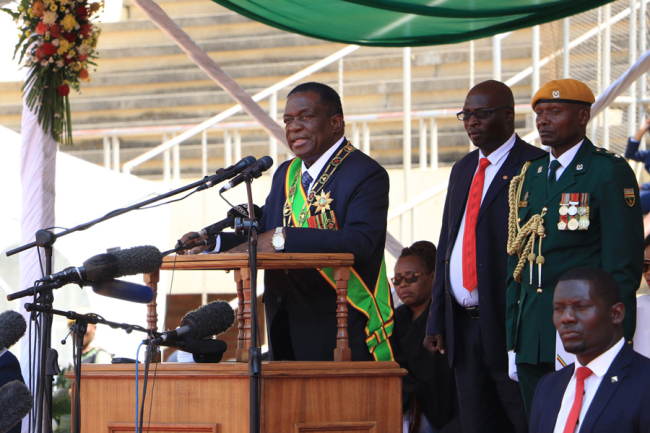Zimbabwean President elect Emmerson Mnangagwa delivers his speech during Zimbabwe Defense Forces Day in Harare, Tuesday, Aug, 14, 2018. Zimbabwean President elect Emmerson Mnangagwa, who officiated at the ceremony, called on Zimbabweans to be united in a bid to mend the troubled Southern African nation. [Photo: China Plus]