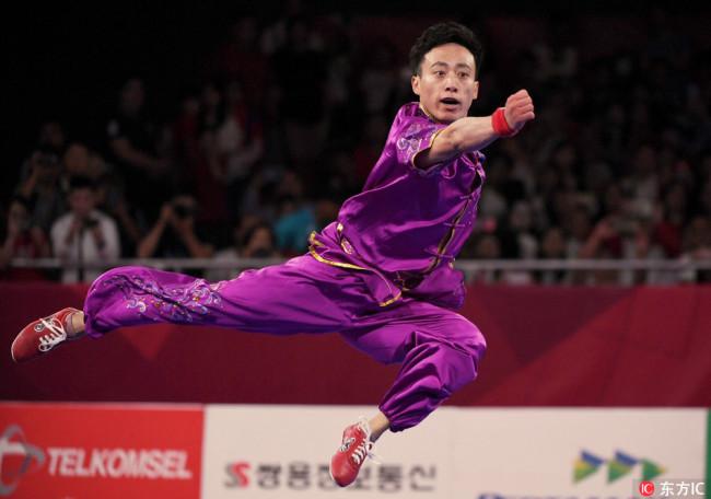 Sun Peiyuan competes in men's changquan at the 2018 Asian Games in Jakarta on Aug 19, 2018. [Photo: IC]