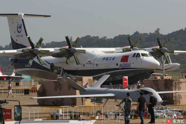 The AG600,China's independently-developed large amphibious aircraft,exhibits at the 11th China International Aviation and Aerospace Exhibition in Zhuhai city,Guangdong province,Nov. 1 2016. [File photo:IC]