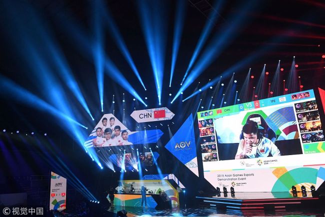 The stage is set for the Chinese team to battle against Taiwan at the eSports "Arena of Valor" tournament as an exhibition sport at the 2018 Asian Games in Jakarta on August 26, 2018. [Photo: VCG]