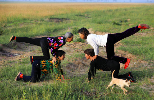 Four villagers practice yoga in the field early in the morning. [Photo: China Daily/Zhu Xingxin]