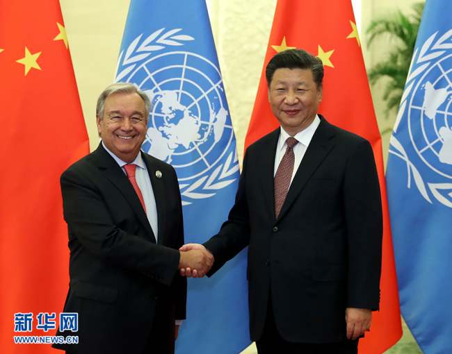 Chinese President Xi Jinping on Sunday meets United Nations Secretary-General Antonio Guterres on September 2, 2018. [Photo: Xinhua]