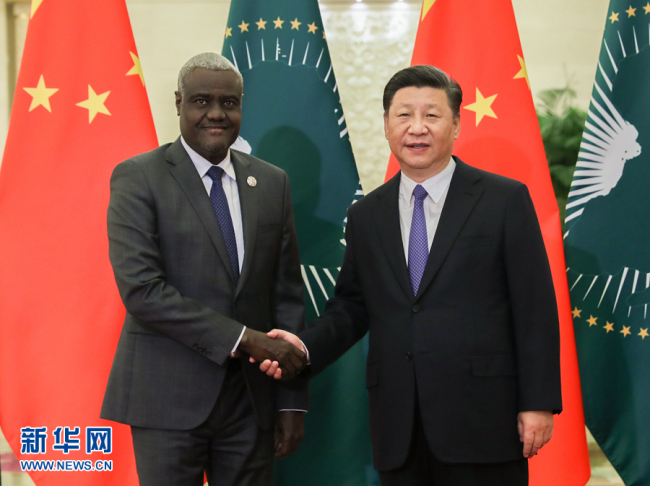 Chinese President Xi Jinping meets with Moussa Faki Mahamat, chairperson of the African Union (AU) Commission in Beijing on Wednesday, September 05, 2018. [Photo: Xinhua]