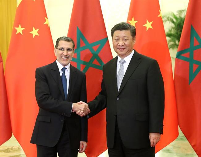 Chinese President Xi Jinping (R) meets with Moroccan Prime Minister Saad Eddine El Othmani at the Great Hall of the People in Beijing, capital of China, Sept. 5, 2018. [Photo: Xinhua/Liu Weibing]