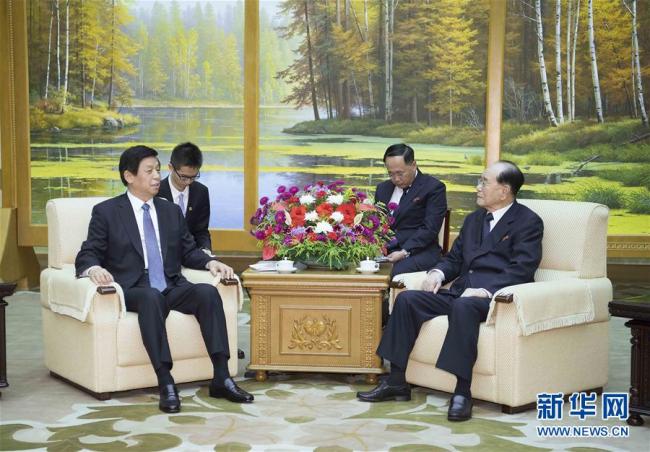 China's top legislator Li Zhanshu met with Kim Yong Nam, member of the Presidium of the Political Bureau of the Central Committee of the Workers' Party of Korea (WPK) and president of the Presidium of the Supreme People's Assembly of the DPRK on Saturday. [Photo: Xinhua]