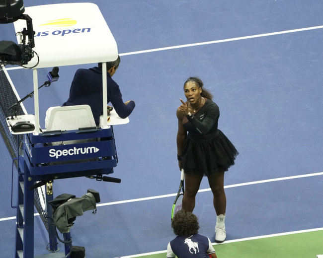 Serena Williams argues with chair umpire during a match against Naomi Osaka, of Japan, during the women's finals of the U.S. Open tennis tournament at the USTA Billie Jean King National Tennis Center on Saturday, Sept. 8, 2018, in New York. [Photo: Greg Allen/Invision/AP]