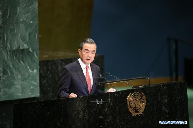 Chinese State Councilor and Foreign Minister Wang Yi addresses the General Debate of the 73rd session of the United Nations General Assembly at the UN headquarters in New York, on Sept. 28, 2018. [Photo: Xinhua/Qin Lang]