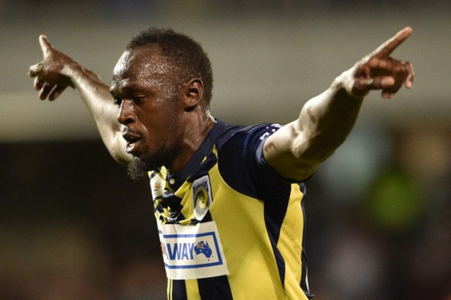 Olympic sprinter Usain Bolt celebrates scoring a goal for A-League football club Central Coast Mariners in his first competitive start for the club against Macarthur South West United in Sydney on October 12, 2018. [Photo: PETER PARKS / AFP]