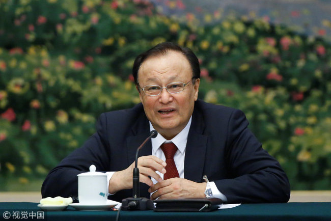 The Chairman of the Xinjiang Uyghur Autonomous Region Shohrat Zakir talks during a session of the Xinjiang Uyghur Autonomous Region on the sidelines of the National People's Congress (NPC) at the Great Hall of the People in Beijing, China, March 13, 2018.[File Photo:VCG]