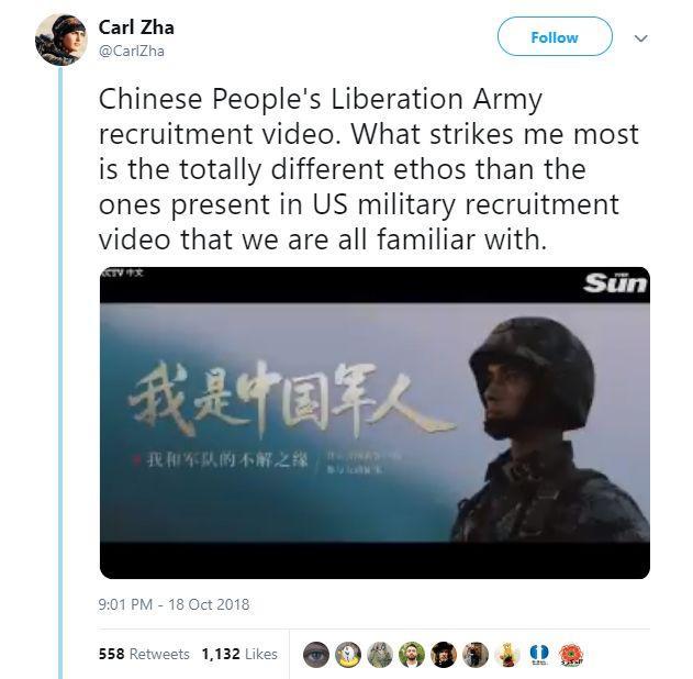 The screenshot of the Chinese People's Liberation Army recruitment video put online by a netizen named Carl Zha‏ on October 18. [Photo: huanqiu.com]