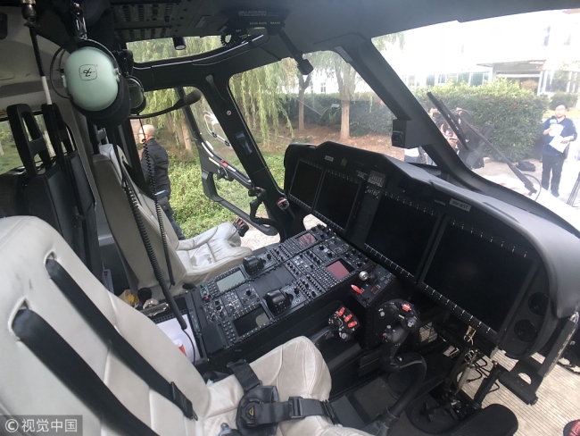 Photo shows the interior view of the AW189 helicopter manufactured by Italy's Leonardo in Shanghai, October 20, 2018. The helicopter will be exhibited at the upcoming China International Import Expo. [Photo: VCG]