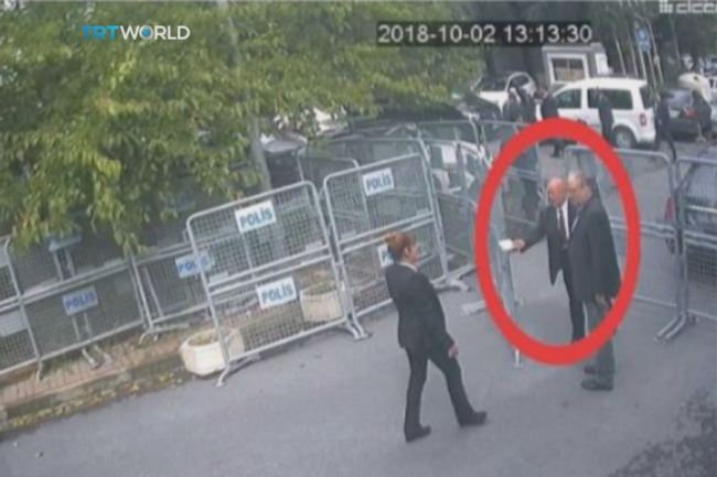 This image taken from CCTV video obtained by the Turkish broadcaster TRT World and made available on Sunday, Oct. 21, 2018, purportedly showing Saudi journalist Jamal Khashoggi, being allowed to pass barriers that block the road leading to the Saudi consulate, in Istanbul, before entering, Tuesday, Oct. 2, 2018. [Photo: AP]