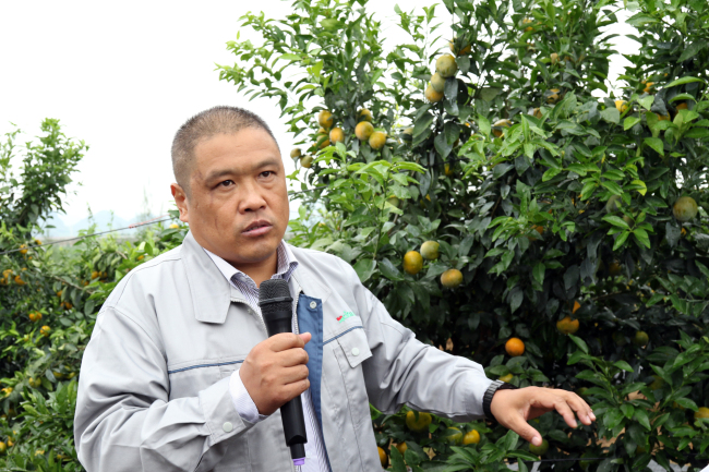 Shi Jianfeng, general manager of Haisheng citrus orchard, introduces the intelligent fertigation system at the orchard in Laibin, Guangxi Zhuang Autonomous Region on October 23, 2018. [Photo: China Plus/Sang Yarong]