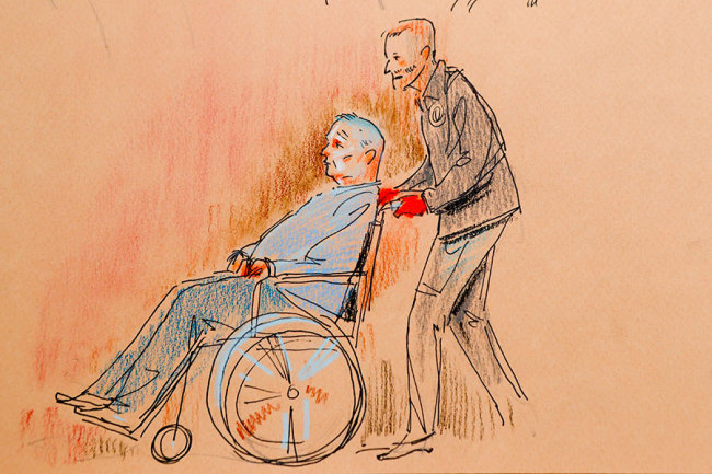 This courtroom sketch depicts Robert Gregory Bowers, who was wounded in a gun battle with police as he appeared in a wheelchair at federal court on Monday, Oct. 29, 2018, in Pittsburgh. Bowers, accused in the Pittsburgh synagogue massacre, appeared briefly in federal court in a wheelchair and handcuffs Monday to face charges he killed 11 people. [Photo: AP]