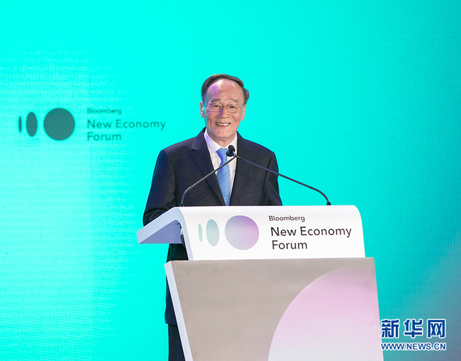 Chinese Vice President Wang Qishan delivers speech at the opening ceremony of New Economy Forum in Singapore,November 6 2018. [Photo:Xinhua]