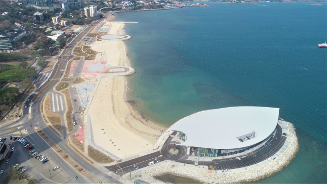 Ela Beach, constructed by China Harbour, and APEC Haus in Port Moresby, Papua New Guinea [Photo: China Plus/ Bao Yanhua]