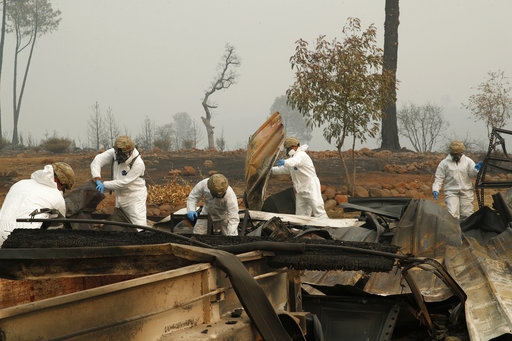 Members of the California Army National Guard search a property for human remains at a home burned in the Camp fire, Wednesday, Nov. 14, 2018, in Paradise, Calif. [Photo: AP/John Locher]