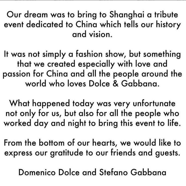 A statement released by Dolce & Gabbana's founders Domenico Dolce and Stefano Gabbana on the brand's official Instagram account. [Photo: Instagram]