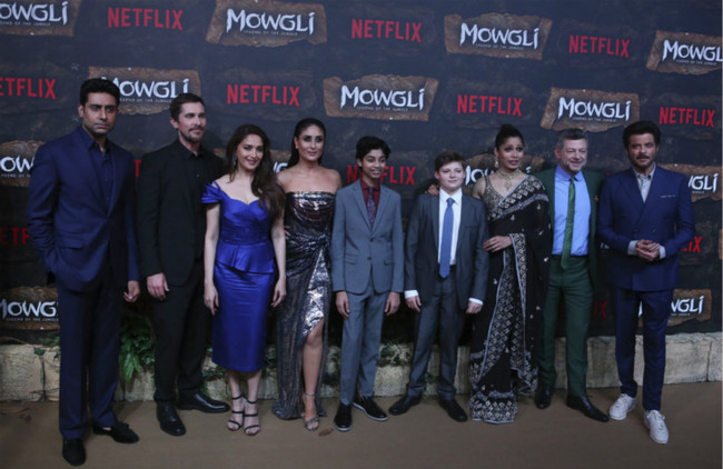 Actors from left to right, Abhishek Bachchan, Christian Bale, Madhuri Dixit, Kareena Kapoor, Rohan Chand, Louis Serkis, Freida Pinto, Andrew Serkis and Anil Kapoor pose at a red carpet of Netflix's Mowgli world premier in Mumbai, India, Sunday, Nov 25, 2018. [Photo: AP]