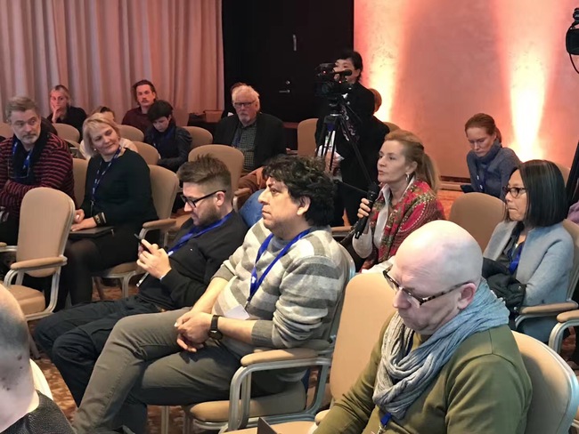 Participants listen carefully to the forum held by the Shanghai International Film Festival in collaboration with the ongoing Tallinn Black Nights Film Festival, which discussed the future for Sino-European co-productions on Thursday, Nov. 29, 2018.[Photo provided to China Plus]