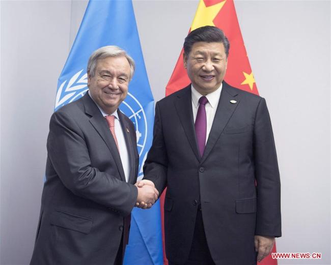 Chinese President Xi Jinping (R) meets with United Nations (UN) Secretary-General Antonio Guterres in Buenos Aires, Argentina, Nov. 30, 2018. [Photo: Xinhua]