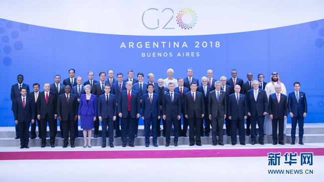 The 13th summit of the Group of 20 (G20) is held in Buenos Aires, Argentina, Nov. 30, 2018. Chinese President Xi Jinping delivered a speech titled "Look Beyond the Horizon and Steer the World Economy in the Right Direction" at the first session of the summit.[Photo:Xinhua]