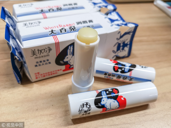 White Rabbit Creamy Candy-flavored lip balm on sale at a supermarket in Shanghai on Friday, December 7, 2018. [Photo: VCG]