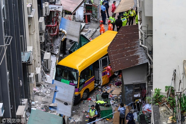 Photo taken on December 10, 2018 shows the accident scene where a minibus mows down pedestrians in China's Hong Kong Special Administrative Region. [Photo: VCG]