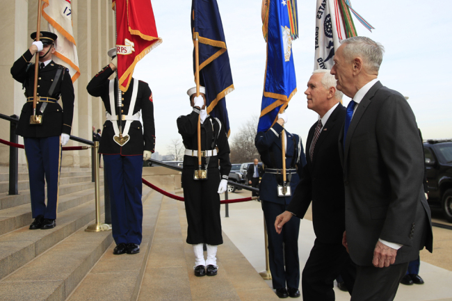 Defense Secretary Jim Mattis welcomes Vice President Mike Pence to the Pentagon, Wednesday, Dec. 19, 2018. [Photo: AP/Manuel Balce Ceneta]