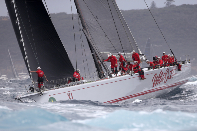 Supermaxi Wild Oats XI enters open water during the start of the Sydney Hobart yacht race Sydney, Tuesday, Dec. 26, 2017. The 630-nautical mile race has102 yachts starting in the race to the island state of Tasmania. [Photo: AP]