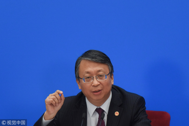 Head of the Legislative Affairs Commission of the National People's Congress (NPC) Standing Committee Shen Chunyao, attends a news conference on amendment to the Constitution during the first session of the 13th NPC at the Great Hall of the People on March 11, 2018 in Beijing, China. [File Photo:VCG]
