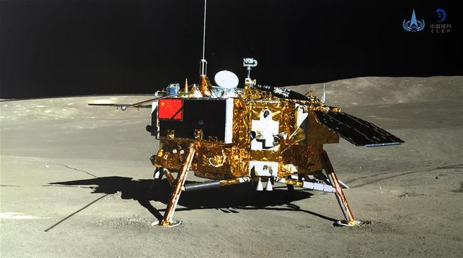 Photo taken by the rover Yutu-2 (Jade Rabbit-2) on Jan. 11, 2019 shows the lander of the Chang'e-4 probe. [Photo: Xinhua]