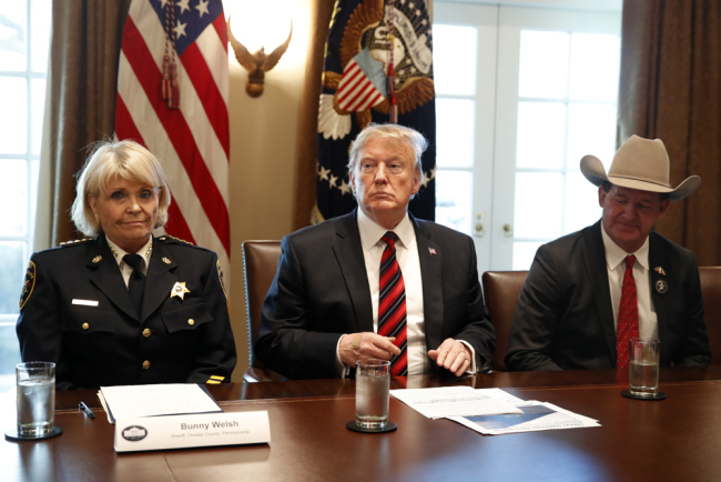 President Donald Trump, with Carolyn "Bunny" Welsh, sheriff of Chester County, Pa., left, and AJ Louderback, sheriff of Jackson County, Texas, attends a roundtable discussion on border security with local leaders, Friday Jan. 11, 2019, in the Cabinet Room of the White House in Washington. [Photo: AP/Jacquelyn Martin]