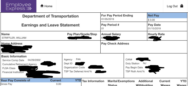 This portion of Bill Striffler's electronic pay stub provided by him to the Associated Press on Friday, Jan. 11, 2019, with portions blacked out by him, shows his recent pay to be $0.00 for his work as an air traffic controller at Newark Airport. [Photo: AP]