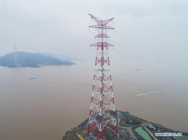 Aerial photo taken on Jan. 3, 2019 shows the giant power supply pylons in Zhoushan, east China's Zhejiang Province. [Photo: Xinhua/Xu Yu]