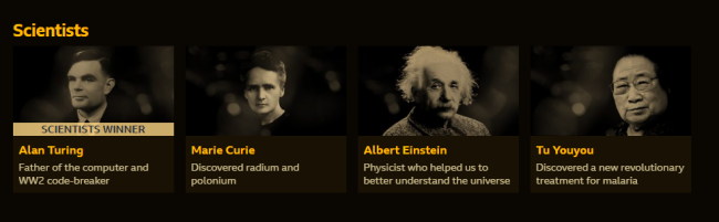 The four nominees for the title of most influential 20th century scientists for the BBC's "Icons" program. The winner of the category was Alan Turing. [Screenshot: China Plus via BBC]