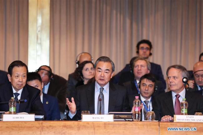 Chinese State Councilor and Foreign Minister Wang Yi (front C) and Italian Foreign Minister Enzo Moavero Milanesi (front R) attend the ninth joint meeting of the China-Italy Government Committee in Rome, Italy, Jan. 25, 2019. [Photo: Xinhua]