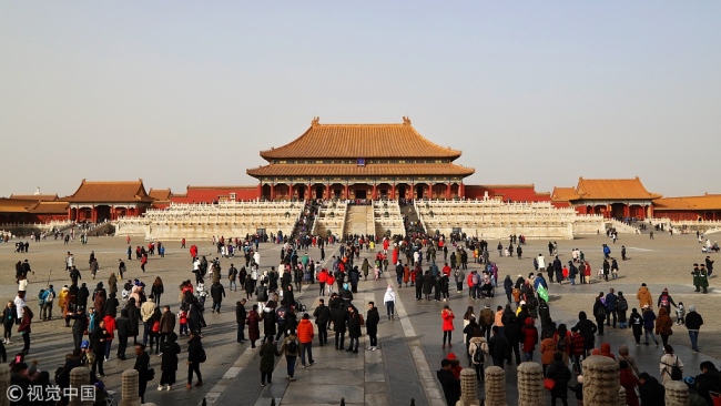 The photo taken on February 3, 2019, shows lots of people visiting the Palace Museum in central Beijing. [Photo: VCG]