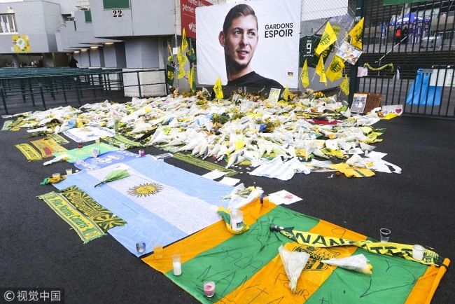 Tributes to Emiliano Sala during the French Cup match between Nantes and Toulouse at Stade de la Beaujoire on February 5, 2019 in Nantes, France.[Photo:VCG]