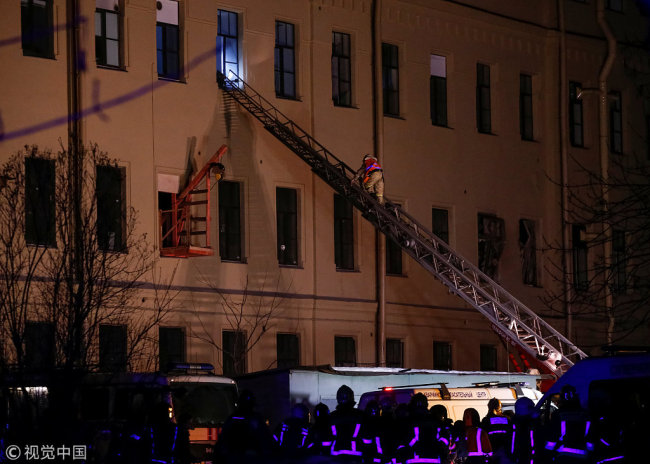 Rescue personnel is seen at the site after the ITMO University building partly collapses in Saint Petersburg, Russia February 16, 2019. [Photo: VCG]