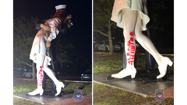Vandals spray painted "#MeToo" on the Unconditional Surrender statue in Sarasota, Florida, on Feb. 19, 2019. [Photo: Sarasota Police Department]