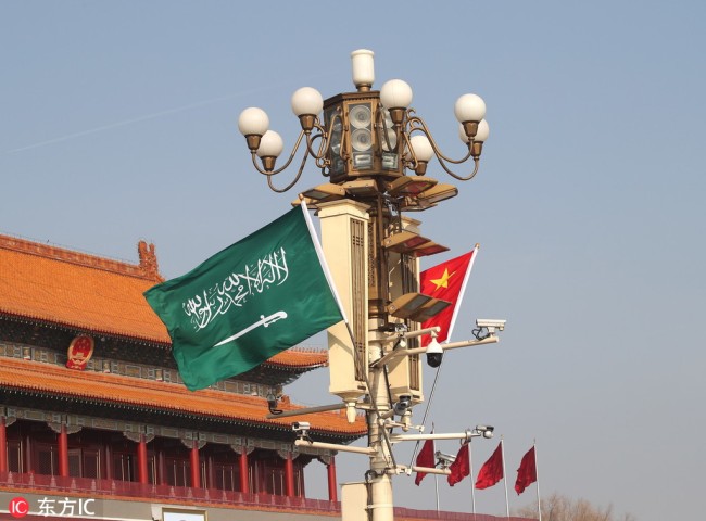 The flags of China and Saudi Arabia fly on the Tiananmen Square in Beijing on Feb. 21, 2019. [Photo: IC]