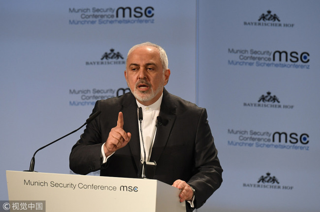 Iran's Foreign Minister Mohammad Javad Zarif delivers a speech during the 55th Munich Security Conference in Munich, southern Germany, on February 17, 2019. [Photo: VCG]